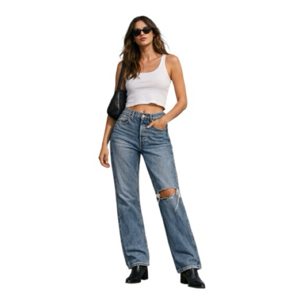 RE/DONE 90s High Rise Straight Jeans Distressed Knee Vintage Wash Denim Size 27